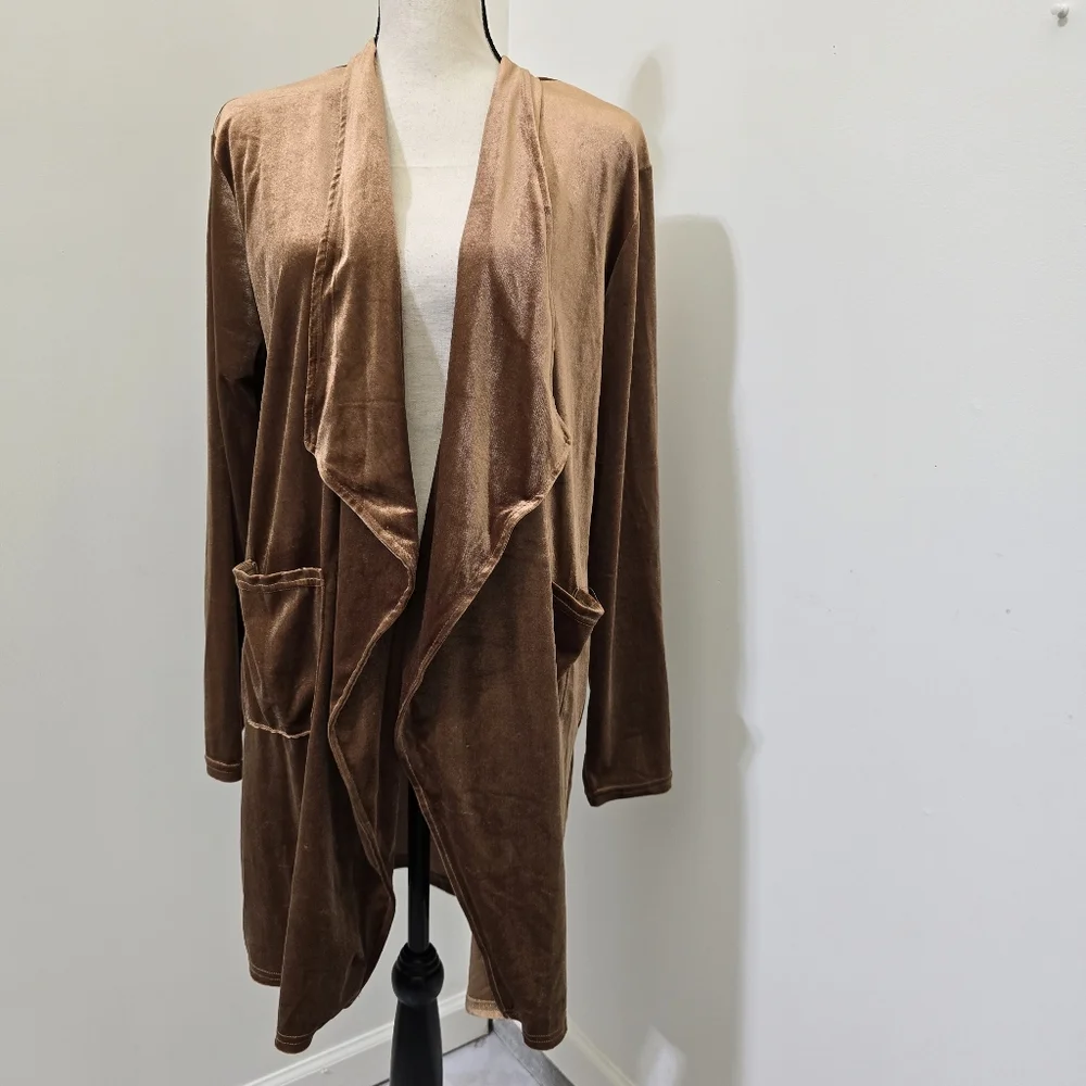 HIPSTER ROW size XL Draping Open Front Velour Cardigan Front Patch Pockets Brown